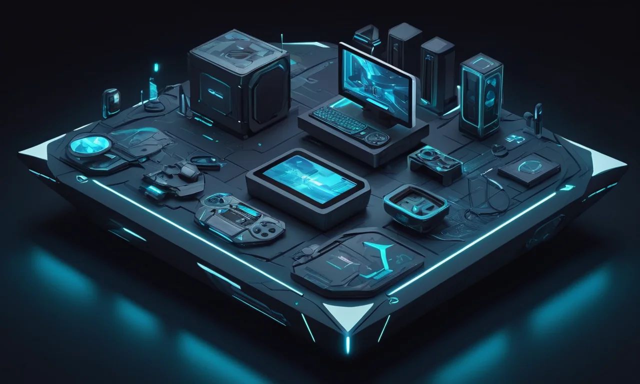 Una ilustración del concepto de diseño de consolas Phantom con dispositivos futuristas y tecnología que la rodea.