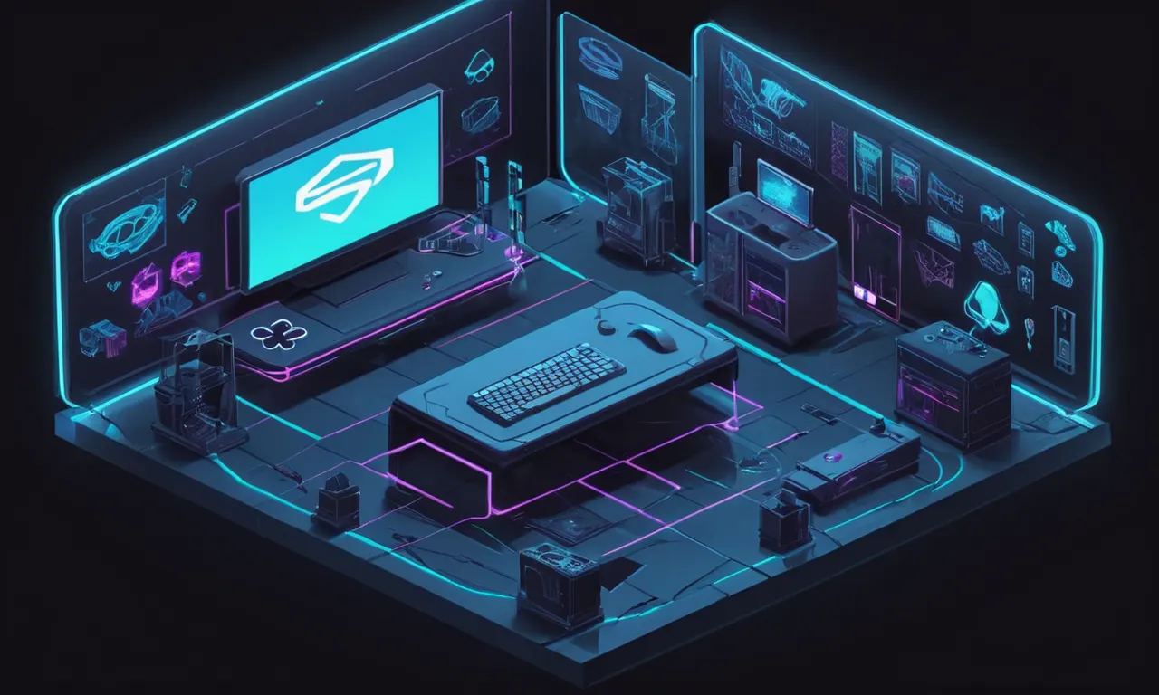 Un director de proyecto sentado en un escritorio con un prototipo fallido de la consola Phantom delante de ellos, rodeado de notas y materiales de desarrollo abandonados.