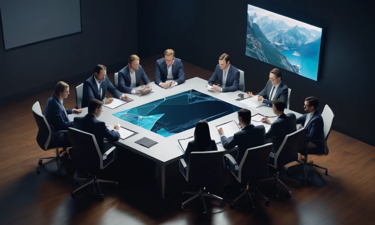 Un equipo sentado en una mesa de conferencias revisando documentos sobre el fallido proyecto de consola Phantom.