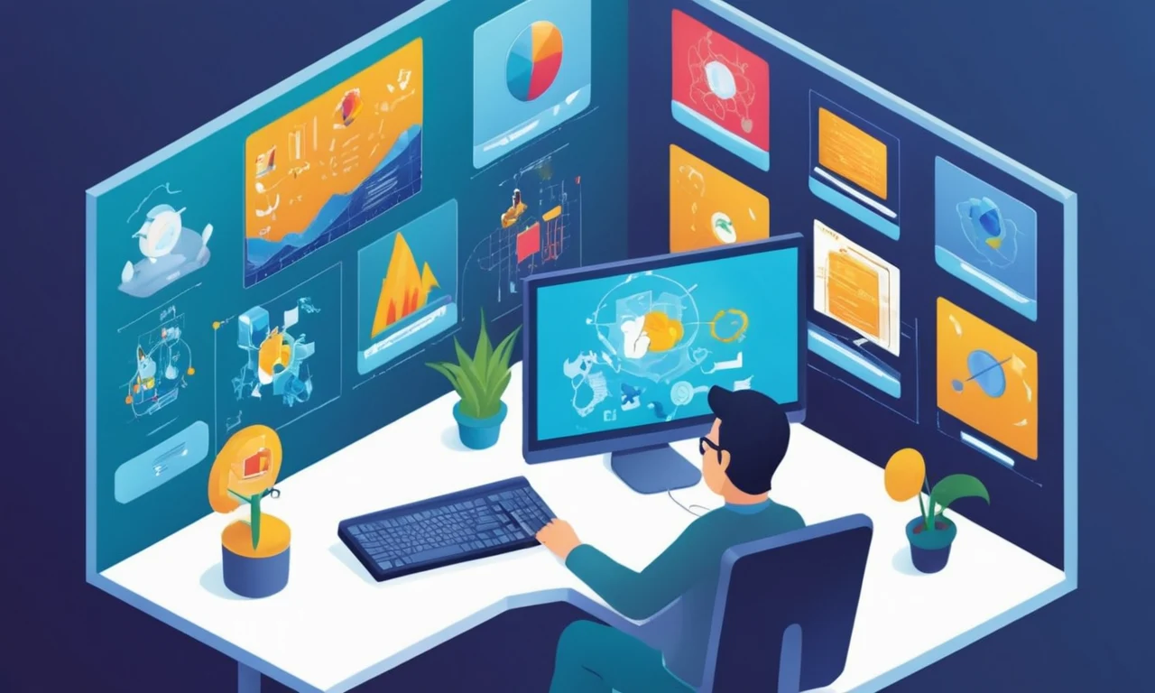 Una persona sentada frente a una pantalla de computadora con varios avatares mostrados en la pantalla, rodeado de diagramas psicológicos y análisis.