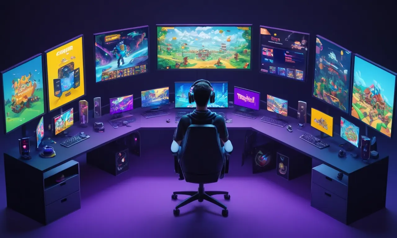 Un jugador rodeado de pantallas que muestran recomendaciones de juego y algoritmos funcionando en el fondo.