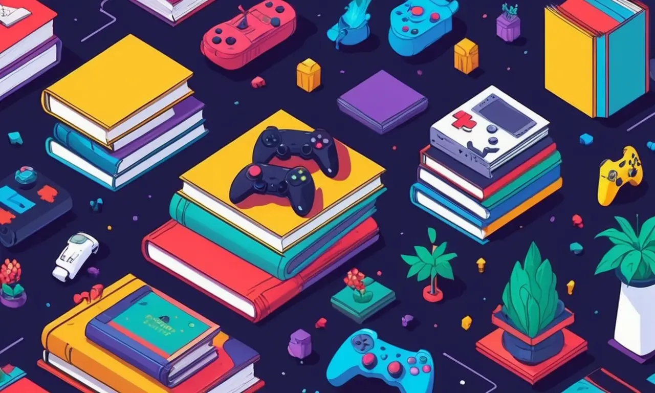 Una pila de libros sobre la cultura del juego y la psicología que rodea a una configuración de jugadores.