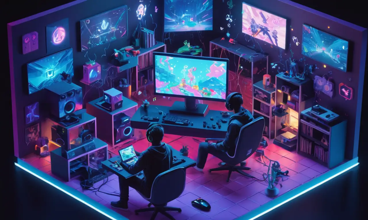 Una escena futurista con un jugador rodeado de pantallas que muestran personajes de videojuegos icónicos y notas musicales.