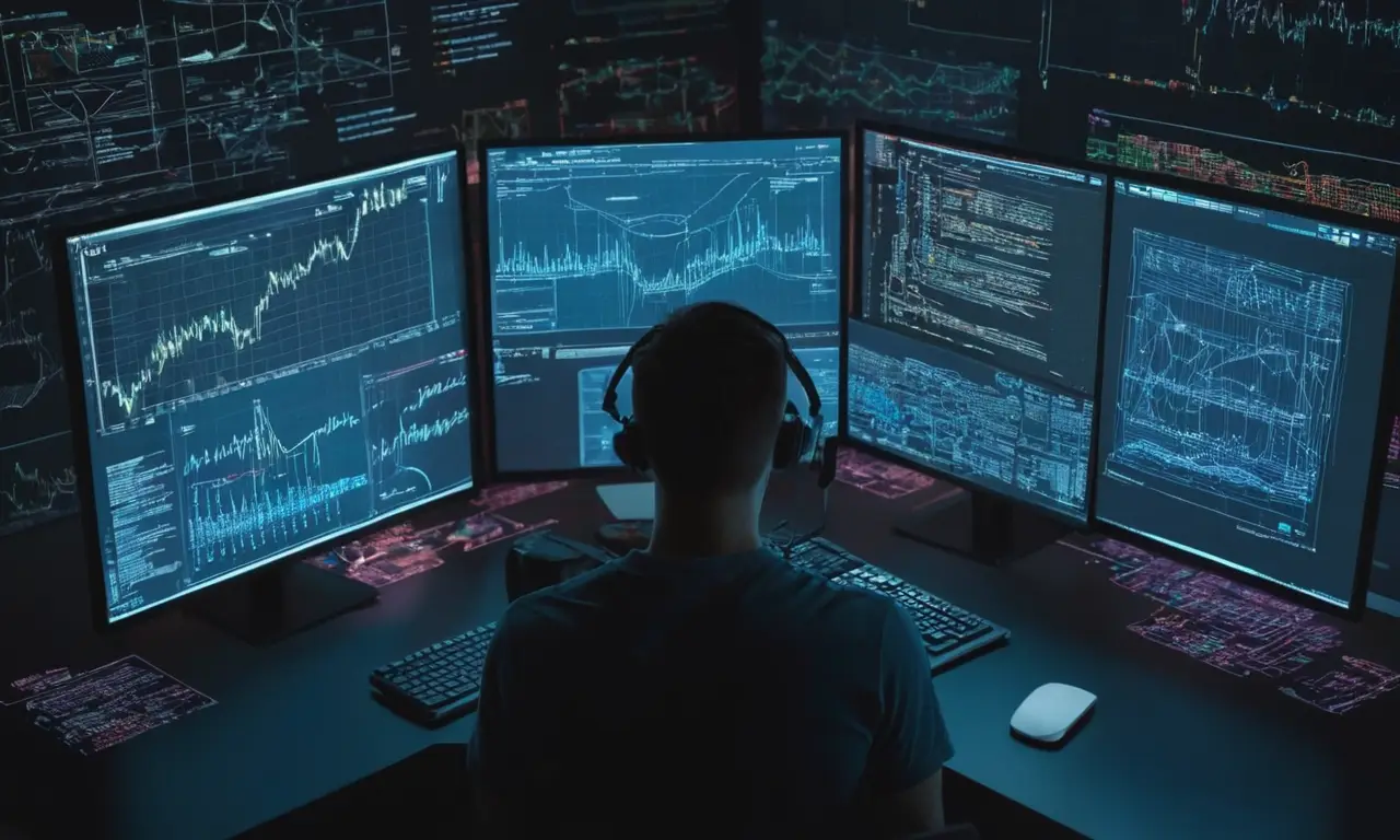 Un programador se centró intensamente en la codificación en una pantalla de ordenador rodeada de notas y diagramas de modelos de reconstrucción gráfica.