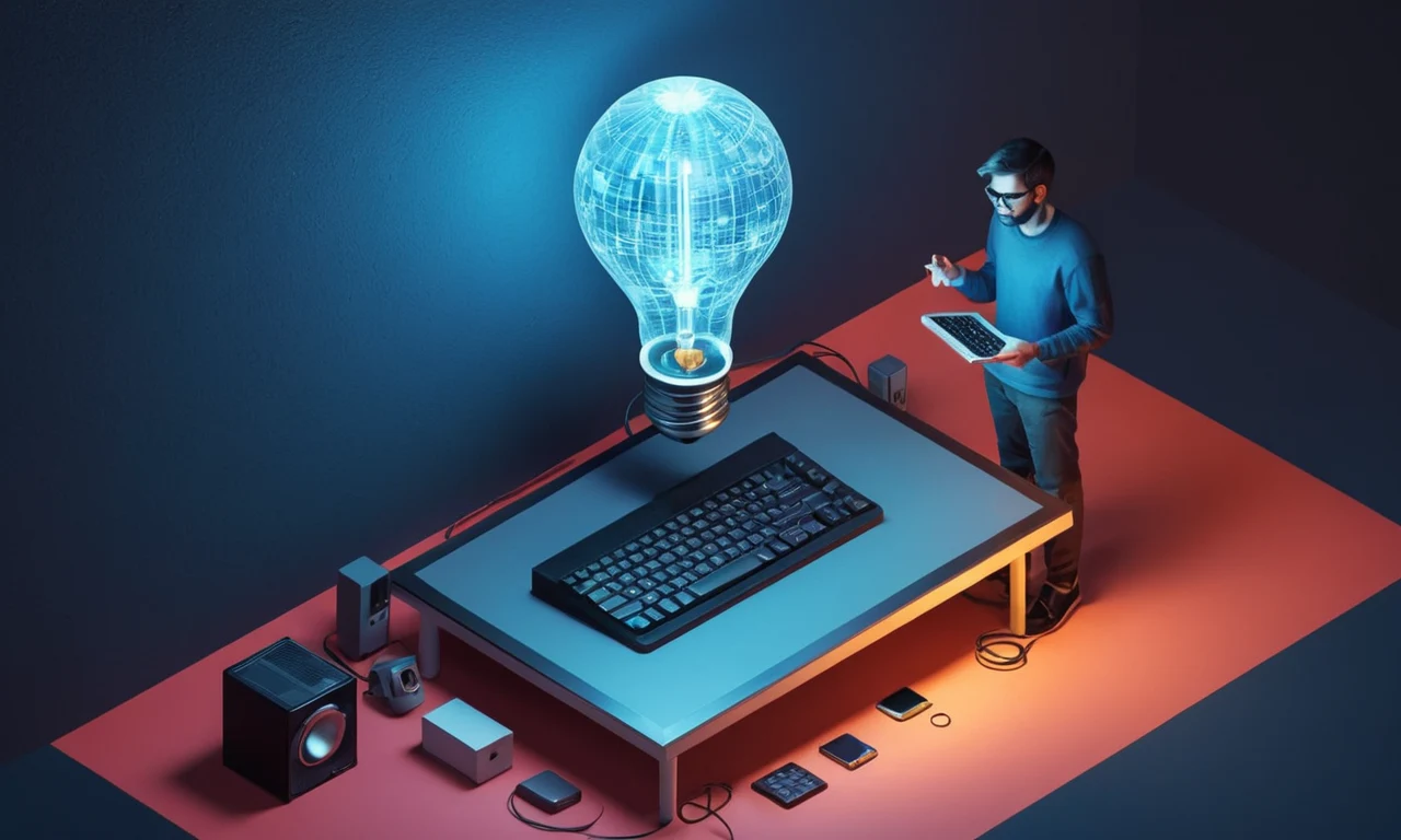 Una persona rodeada de vieja y nueva tecnología, con un momento de luz de creatividad.