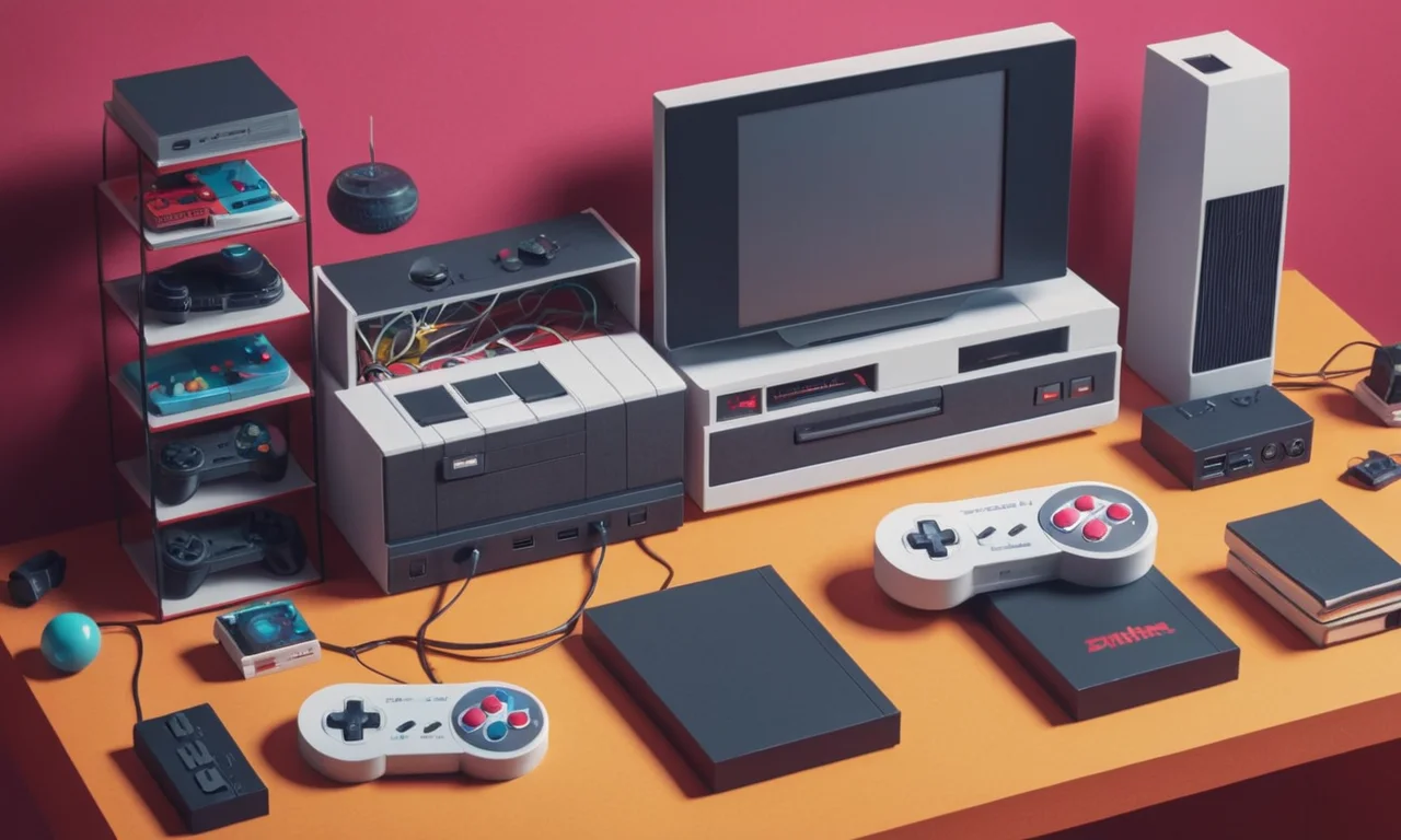 Una consola retro con juegos clásicos que se juegan en ella, rodeado de modernos dispositivos y elementos nostálgicos.