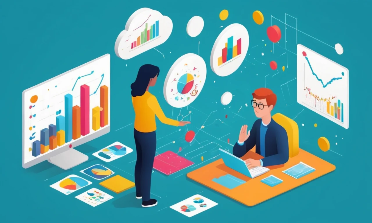 Una persona se centró en una tarea, rodeada de gráficos y gráficos, con una burbuja de pensamiento que indica claridad mental.