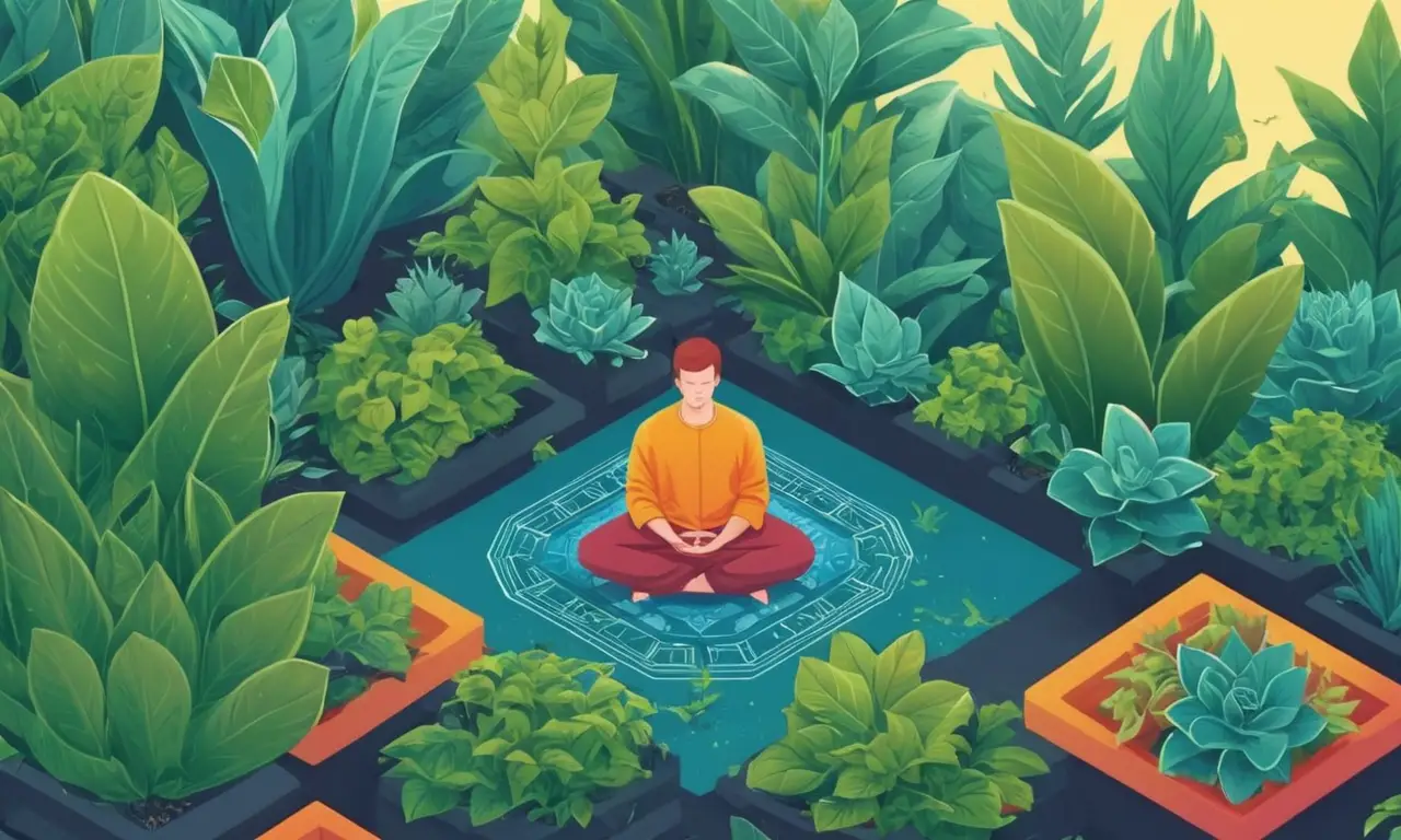 Una persona meditando en medio de un fondo de plantas crecientes y citas inspiradoras.