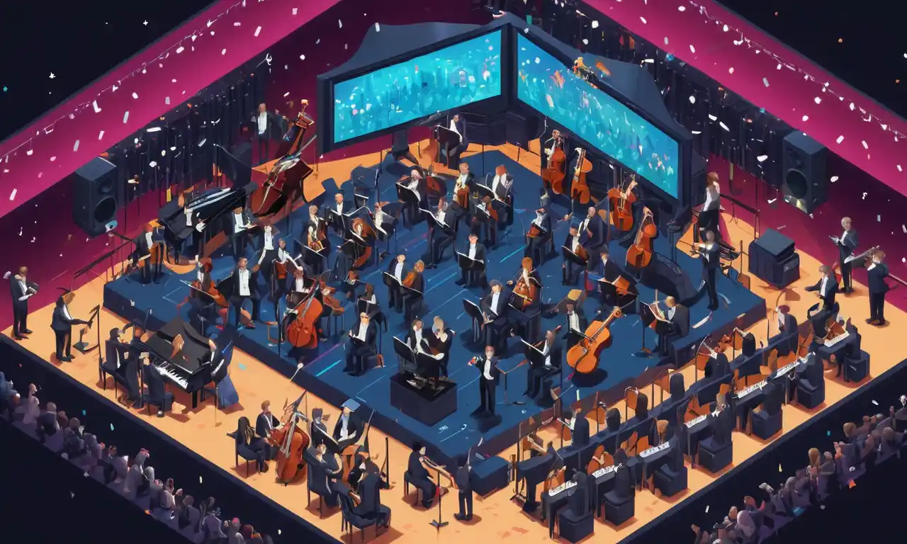 Una escena de sala de conciertos con una orquesta y personajes de videojuegos, rodeados de notas musicales y pantallas.