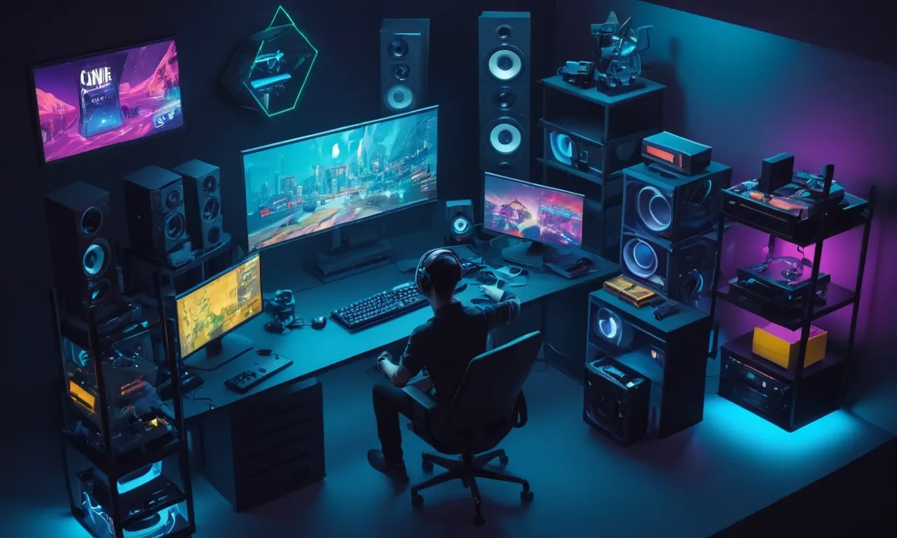 Un investigador sentado en un escritorio rodeado de consolas de juego y equipo de sonido.