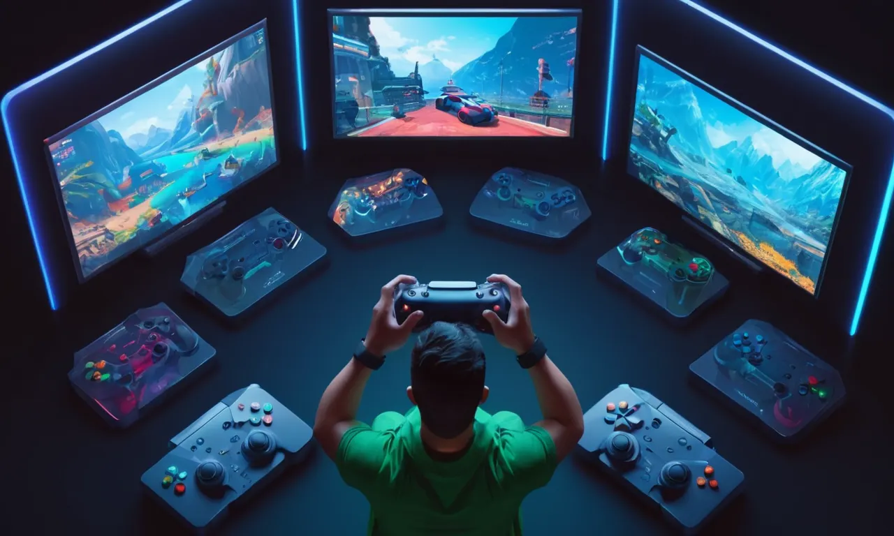Un jugador que sostiene un controlador, rodeado de pantallas que muestran la interfaz de juegos y opiniones.