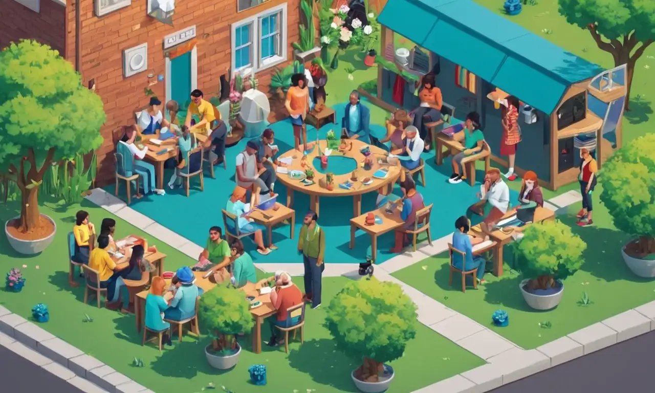 Un grupo diverso de personas se reunieron alrededor de una mesa en un espacio comunitario.