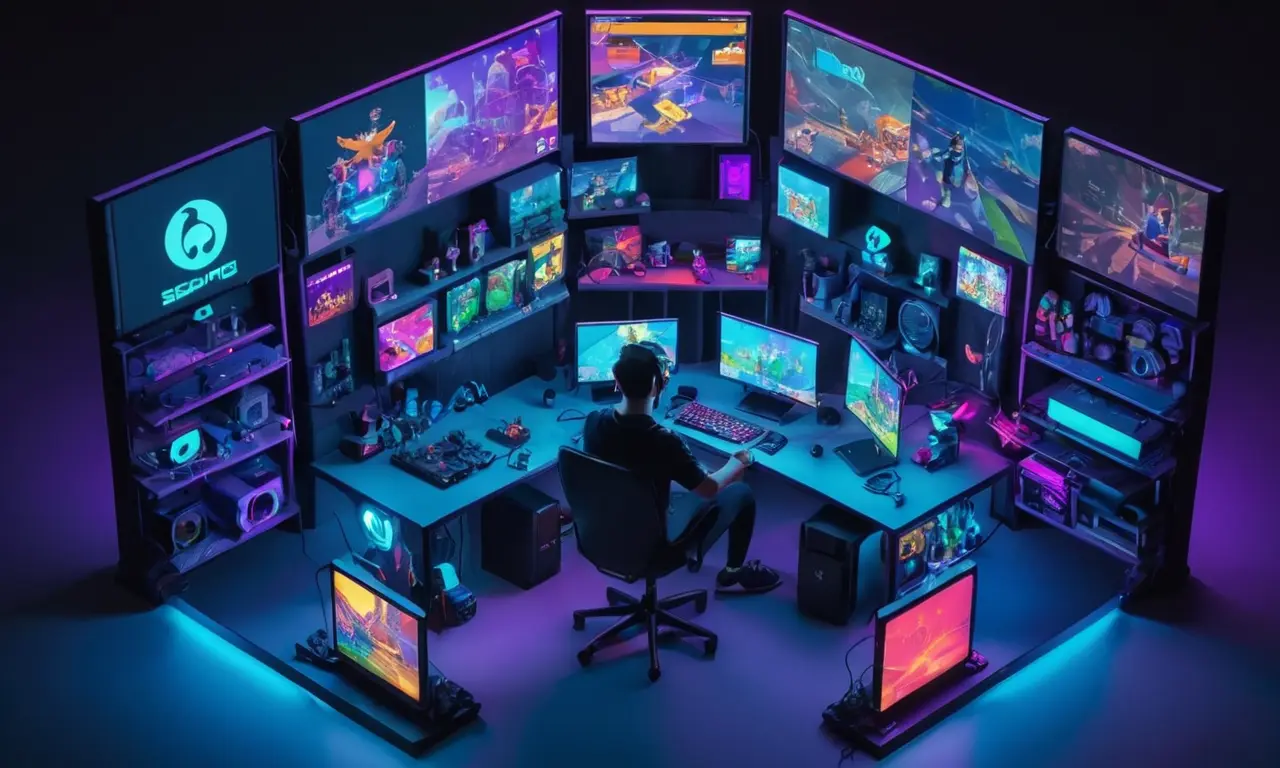 Un jugador rodeado de pantallas de ordenador que muestran varias modificaciones de videojuegos (mods) en progreso.