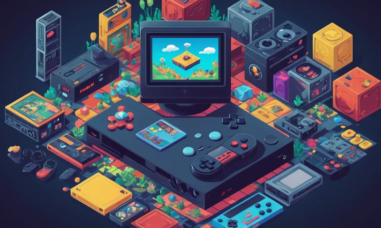 Una ilustración de una consola de juegos con juegos antiguos y nuevos que lo rodean.