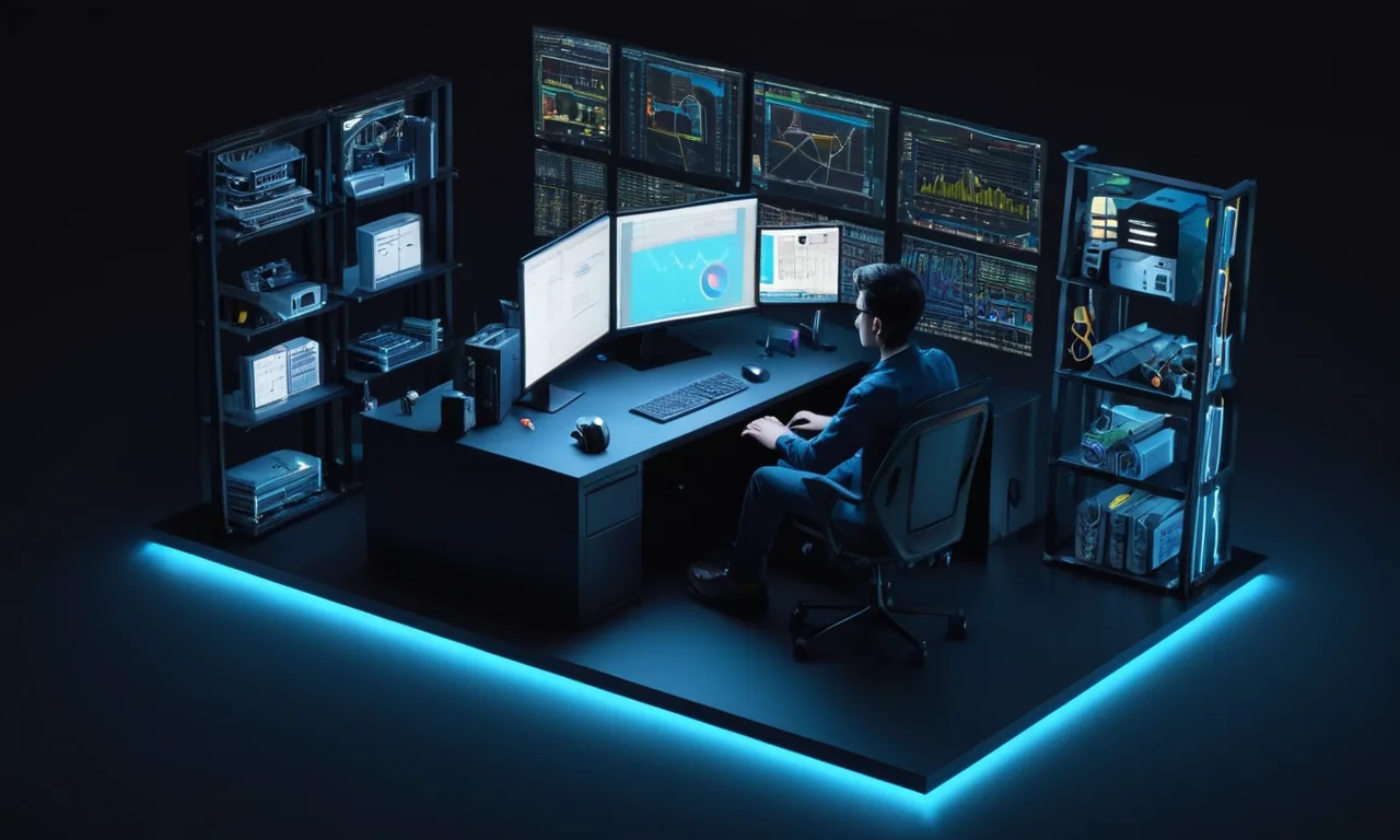 Un desarrollador sentado en un escritorio con varias herramientas y software abierto en la pantalla.