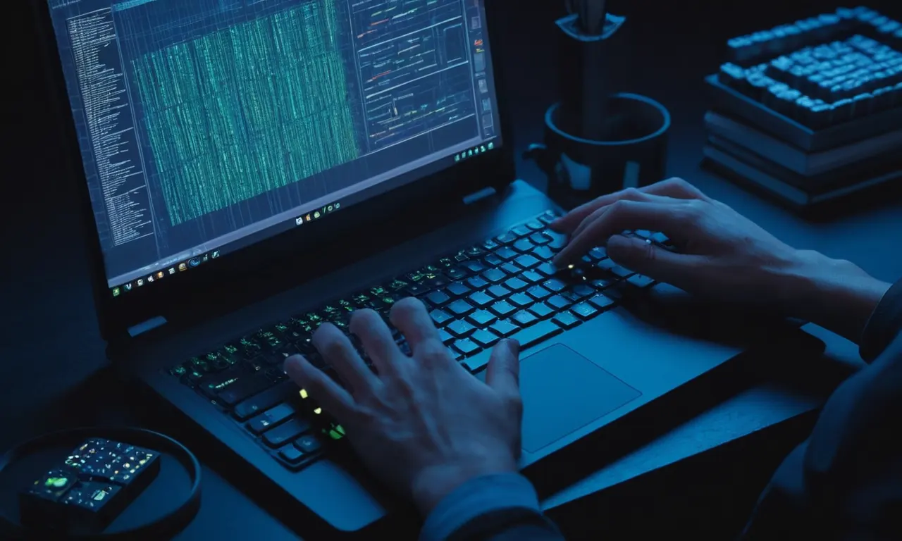 Un juego desarrolladores manos escribiendo en un portátil, con líneas de codificación y software de desarrollo del juego abierto en la pantalla.