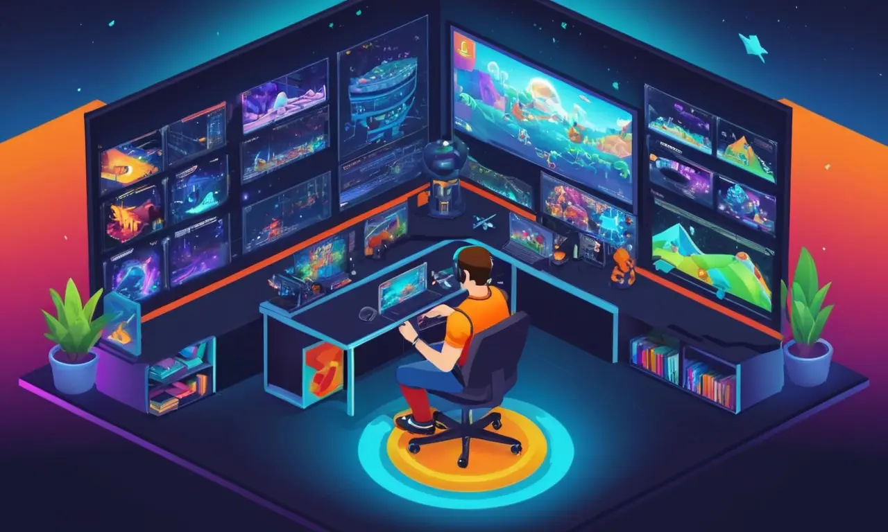 Un jugador sentado frente a un ordenador con un software de desarrollo de juegos móviles abierto en la pantalla.