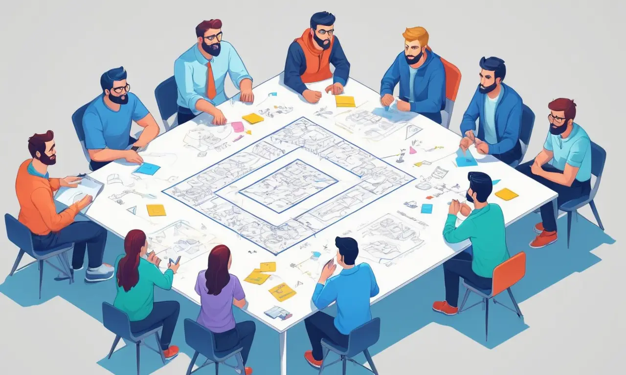 Un grupo de desarrolladores del juego se reunieron alrededor de una pizarra con notas pegajosas y diagramas.