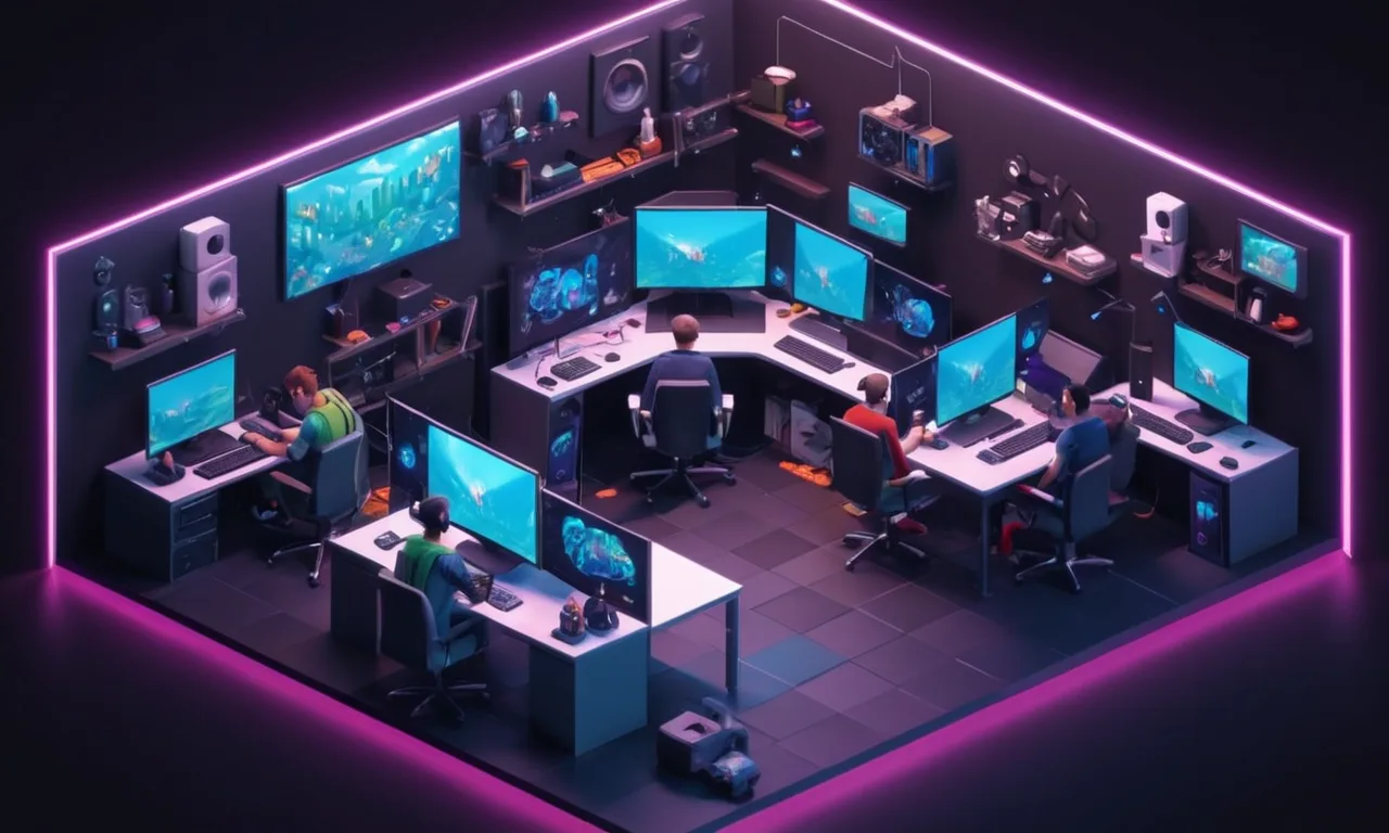 Un equipo de desarrolladores de juegos trabajando en diseño de sonido y composición musical para su proyecto de videojuegos.