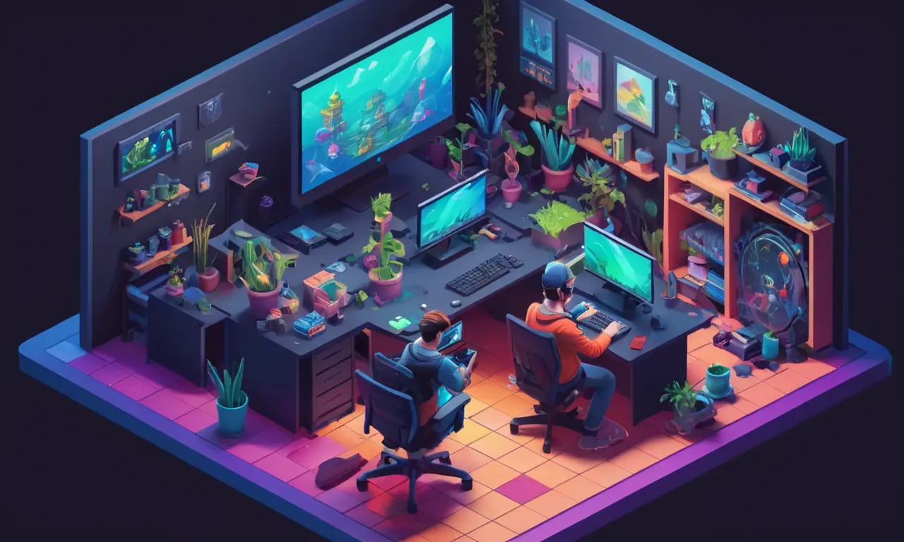 Un equipo de desarrolladores y artistas colaborando en una computadora, rodeado de activos de juego.