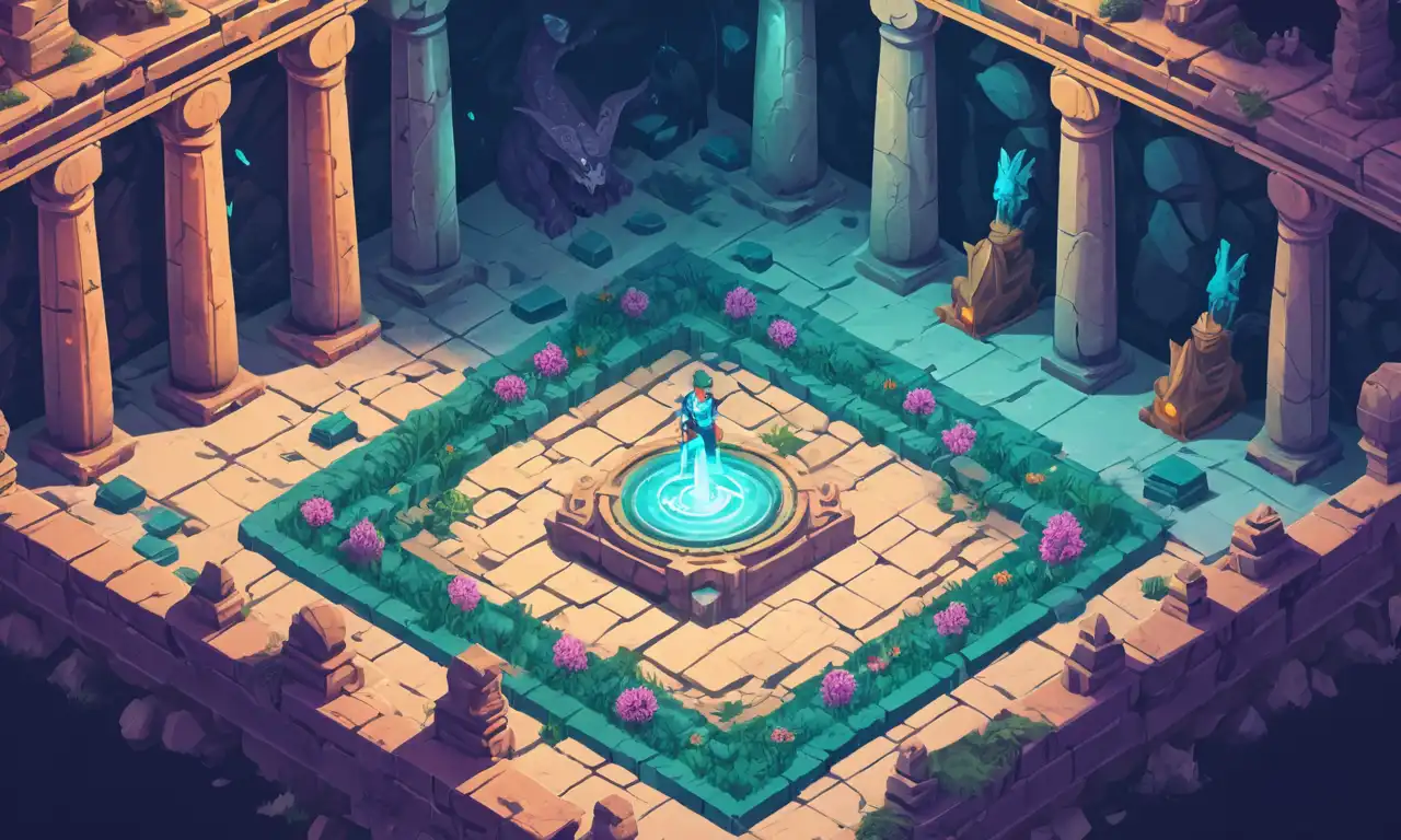 Un jugador rodeado de pantallas que muestran criaturas mitológicas en medio de un fondo de ruinas antiguas y software de desarrollo del juego.