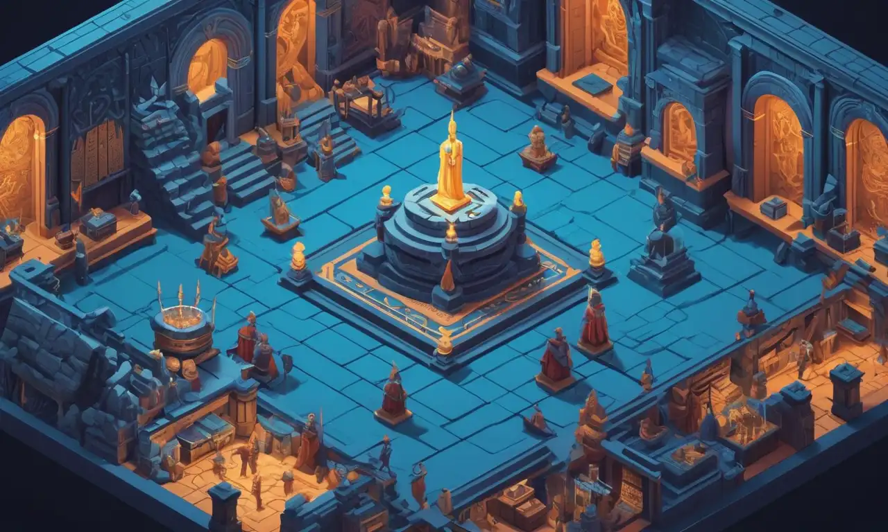 Historiador rodeado de pantallas que muestran conceptos de videojuego inspirados en el mito y textos antiguos.