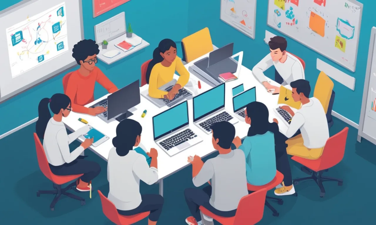 Un equipo de estudiantes colaborando en un proyecto de juego en un aula, con portátiles y marcadores de pizarra.