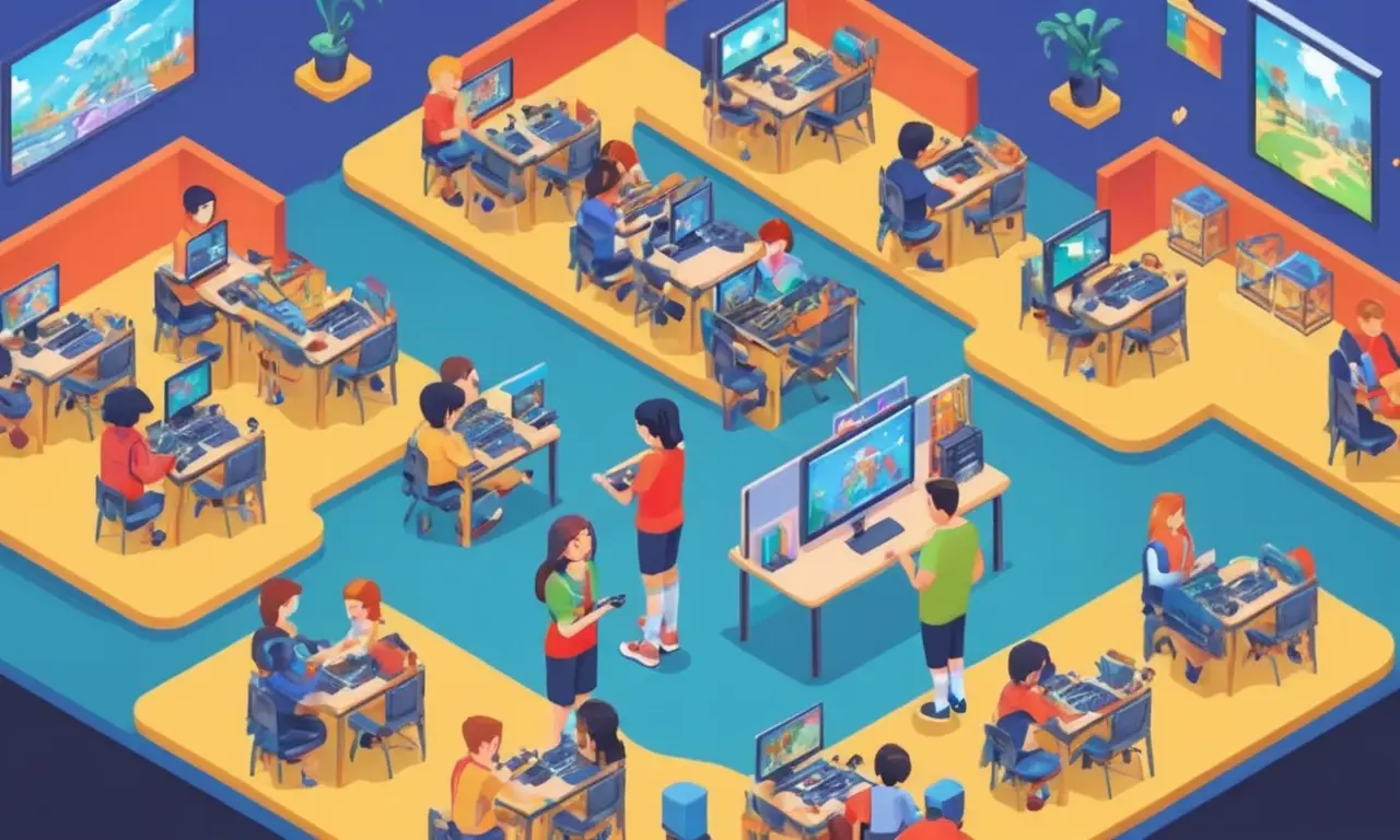 Los profesores guían a los estudiantes jugando y desarrollando videojuegos en un aula.