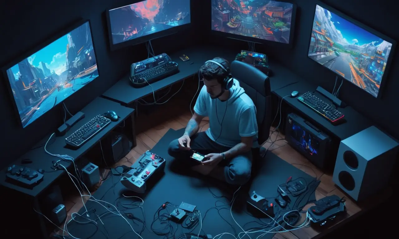 Un jugador inmerso en un mundo virtual, rodeado de pantallas y alambres, con recuerdos de experiencias pasadas parpadeando en la pantalla.