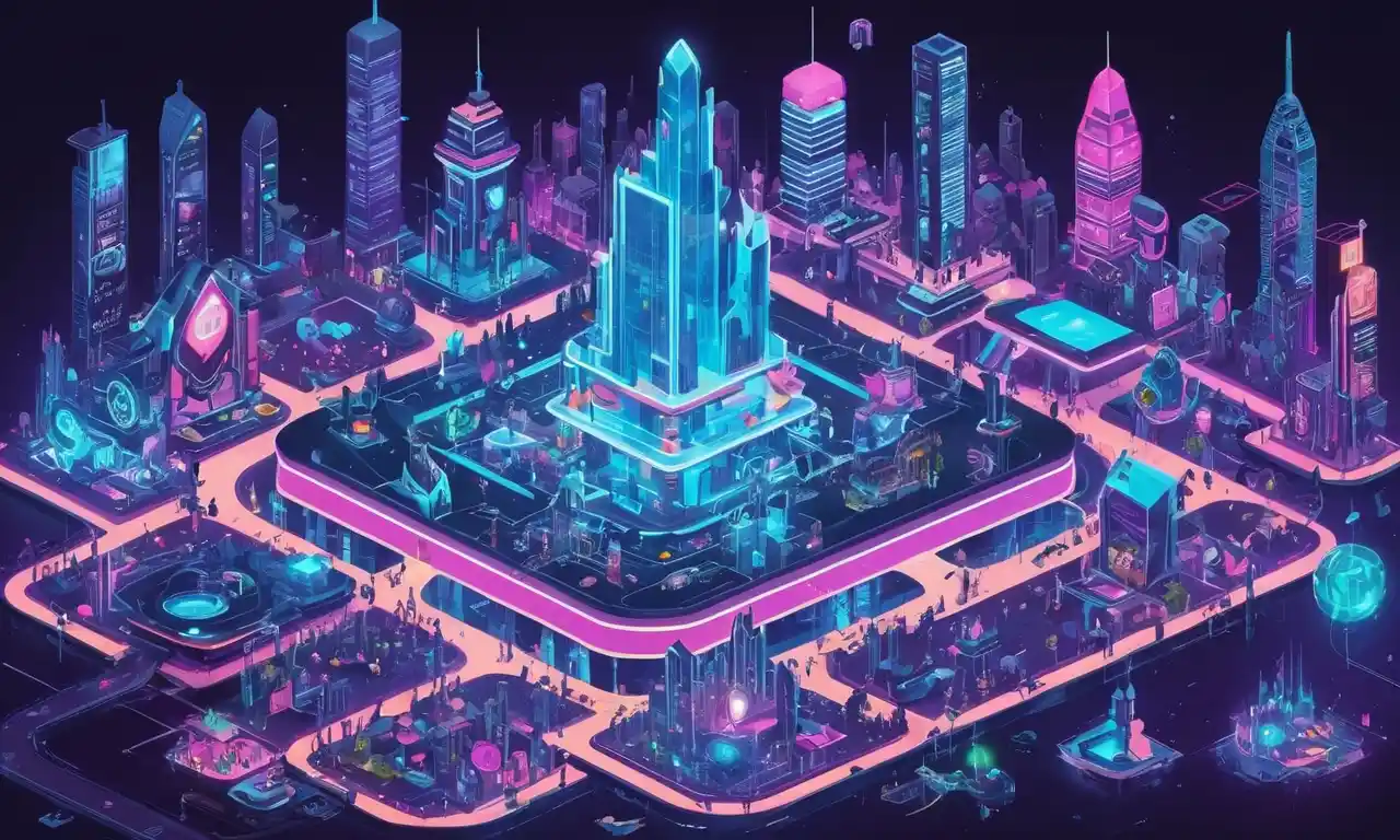 Un futurista paisaje urbano con jugadores en línea en auriculares VR, rodeado de nuevos símbolos de tecnología e innovación.