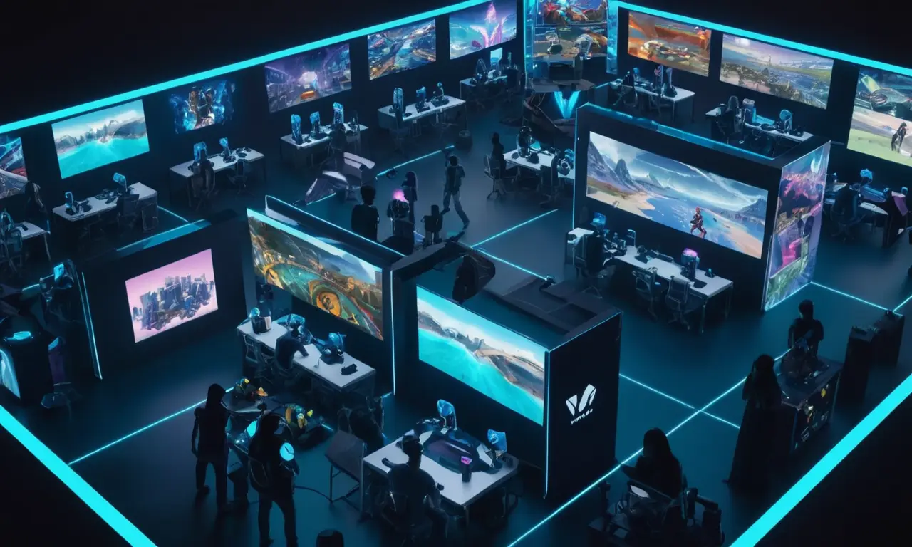 Una escena futurista mostrando jugadores inmersos en auriculares VR rodeados de pantallas que muestran plataformas de juego en línea y mundos virtuales.