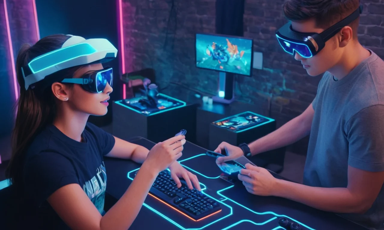 Un jugador futurista con gafas de realidad aumentada jugando un juego virtual con amigos.