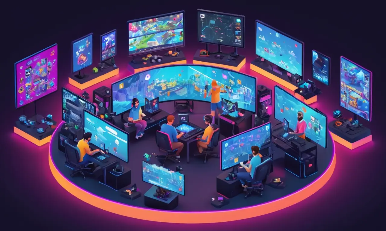 Un jugador rodeado de pantallas que muestran las redes sociales y las interfaces de videojuegos.