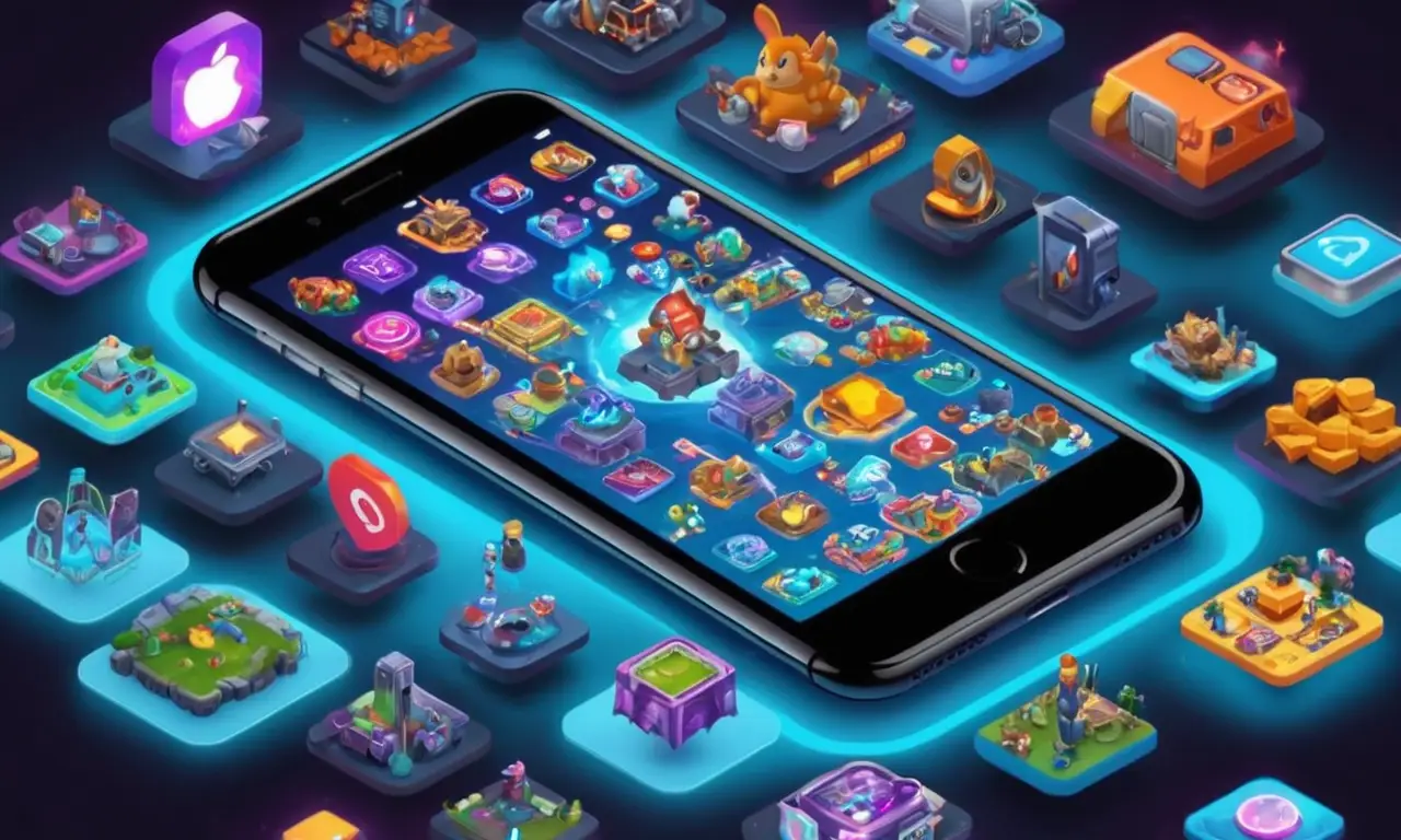 Un jugador jugando un juego móvil en un iPhone rodeado de iconos y logotipos de varias aplicaciones de juego.