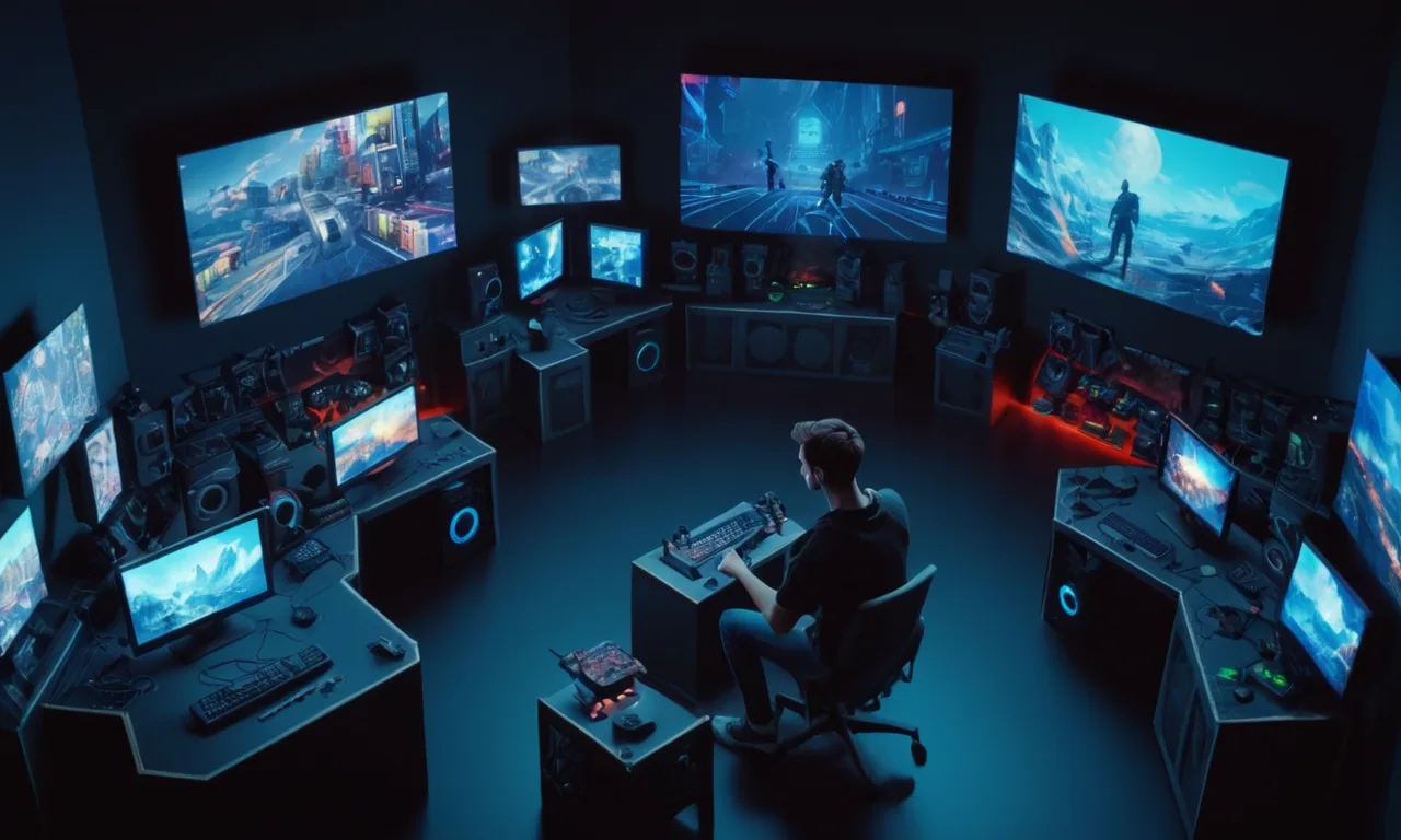 Un artista rodeado de pantallas y controladores de juego, con clips de película jugando en el fondo.