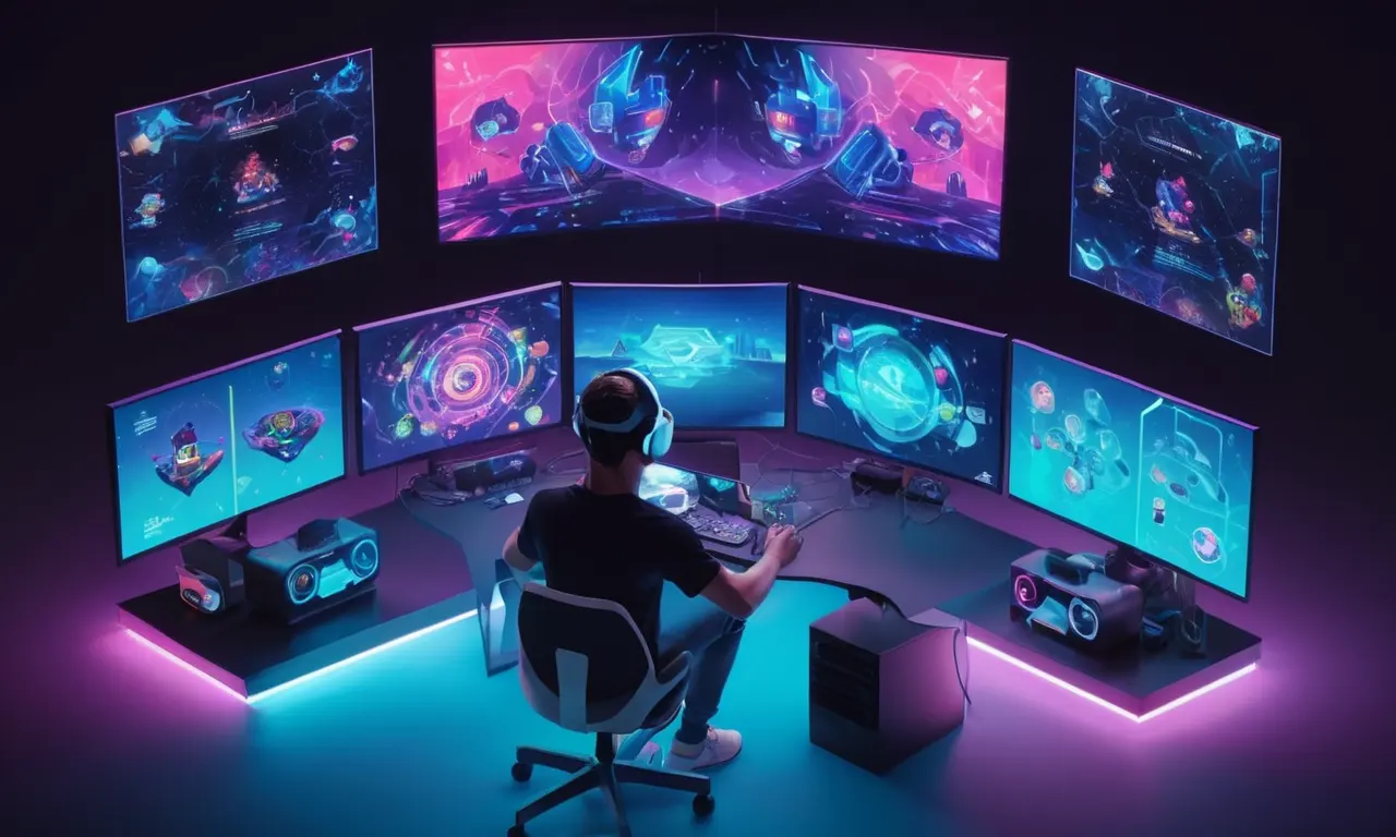 Un jugador con auriculares VR y rodeado de pantallas con datos de juego relacionados con la salud.