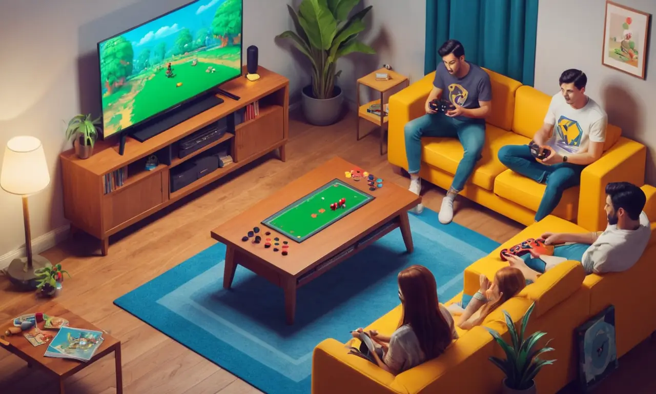 Un grupo de amigos jugando juegos de consola clásico en un salón.