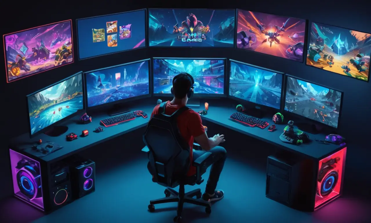 Un jugador sentado frente a un ordenador con múltiples pantallas mostrando varios juegos en línea.