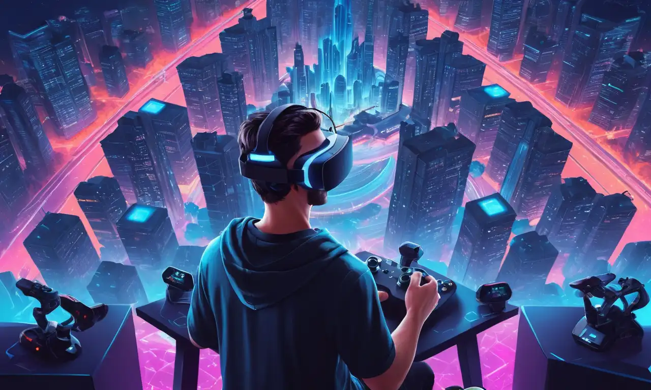 Un jugador rodeado de auriculares y controladores de realidad virtual, con un paisaje urbano en el fondo.