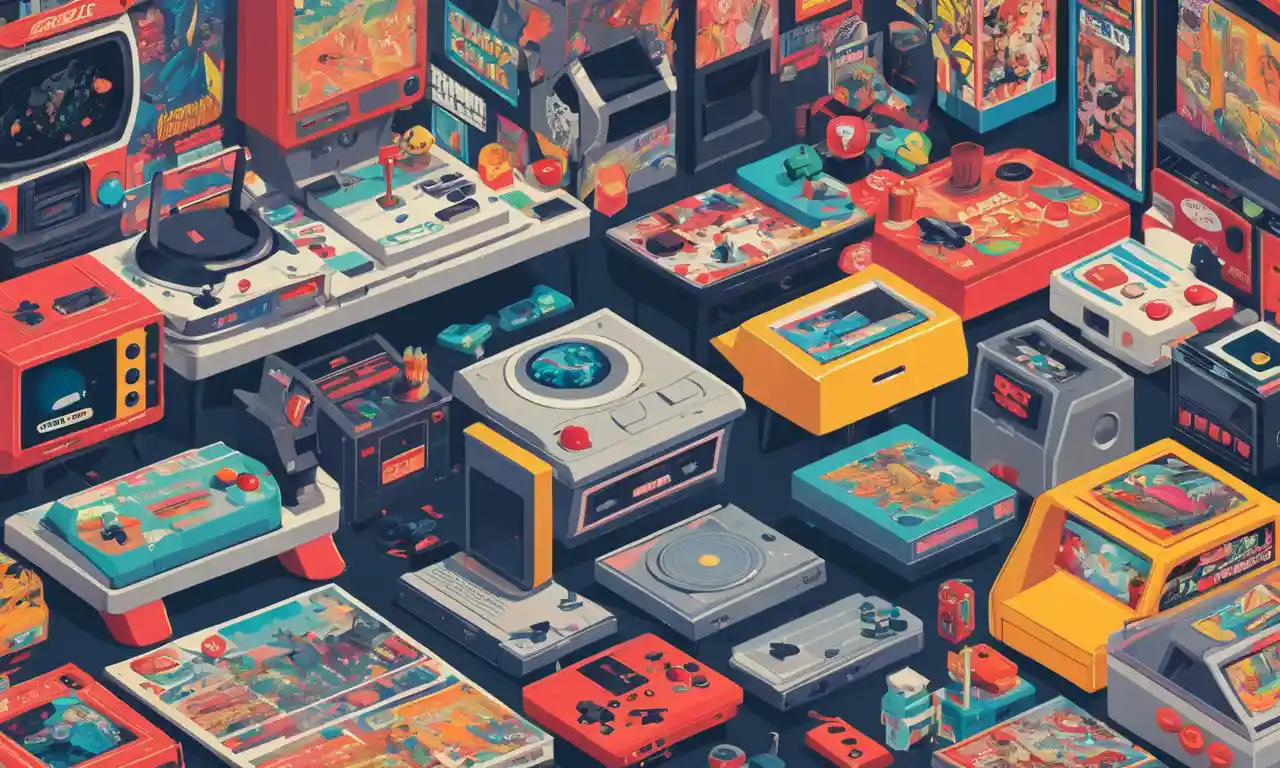 Una escena nostálgica con viejas consolas y máquinas de arcade en medio de un escenario de carteles y revistas retro.