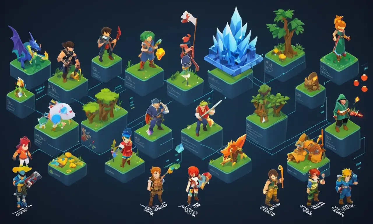 Línea de tiempo evolutiva de diseños de caracteres en varios videojuegos con notas e ilustraciones.