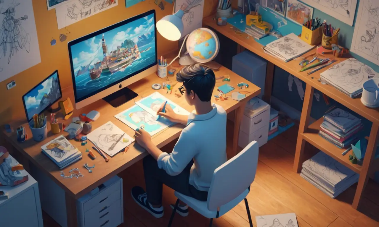 Un artista sentado en un escritorio, rodeado de referencias y bocetos de diseño de personajes.