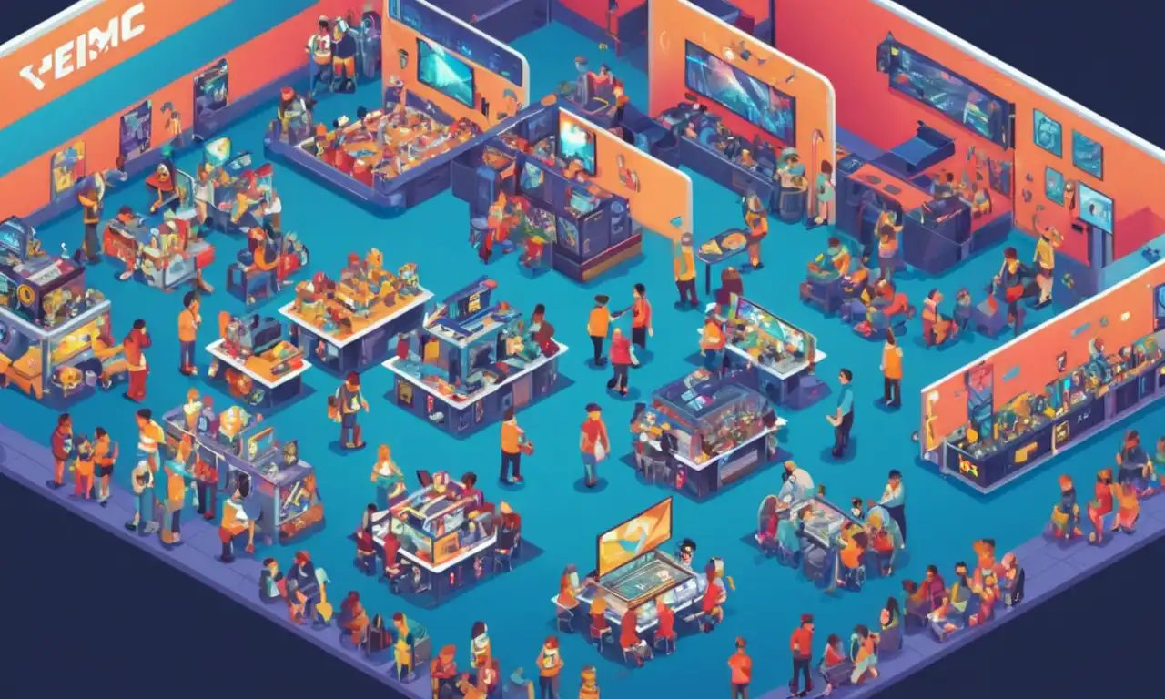 Una convención de juegos con gente jugando y viendo juegos de video populares.