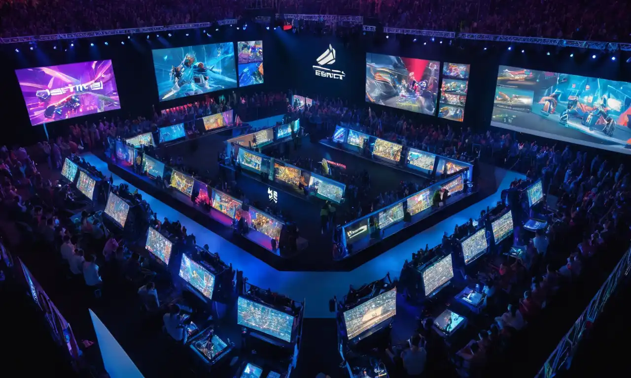 Una gran multitud se reunió alrededor de pantallas que muestran torneos populares de videojuegos, con jugadores de esports y equipos que compiten en primer plano.