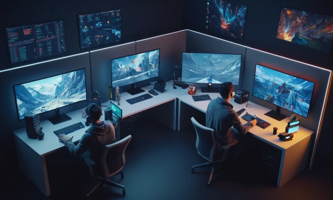 Desarrolladores de juegos sentados frente a pantallas de computadora, discutir y analizar pruebas de diseño de juegos.