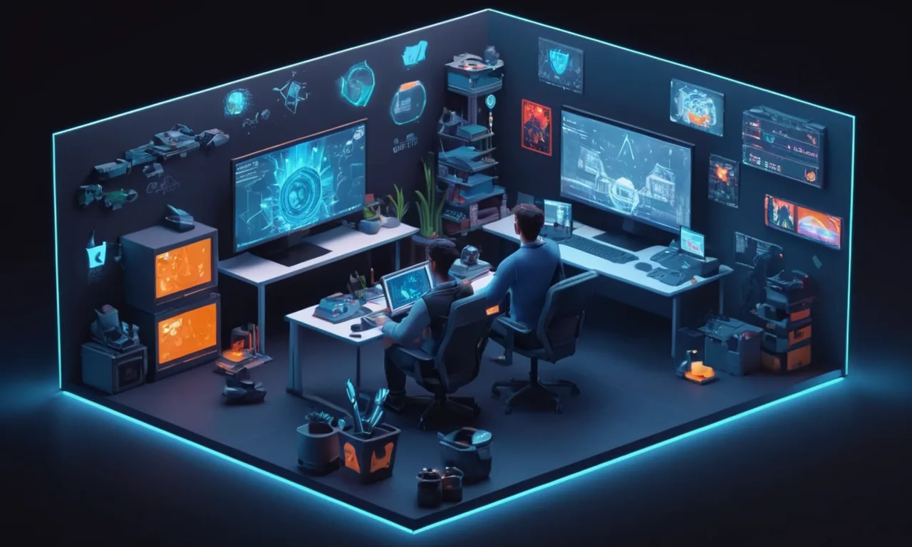 Un diseñador de juegos sentado frente a un ordenador con varias herramientas de diseño y software abierto en la pantalla.