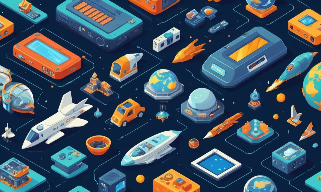 Una ilustración retro-estilo que muestra la evolución de la tecnología Spaceworld y su impacto en la historia de los videojuegos.