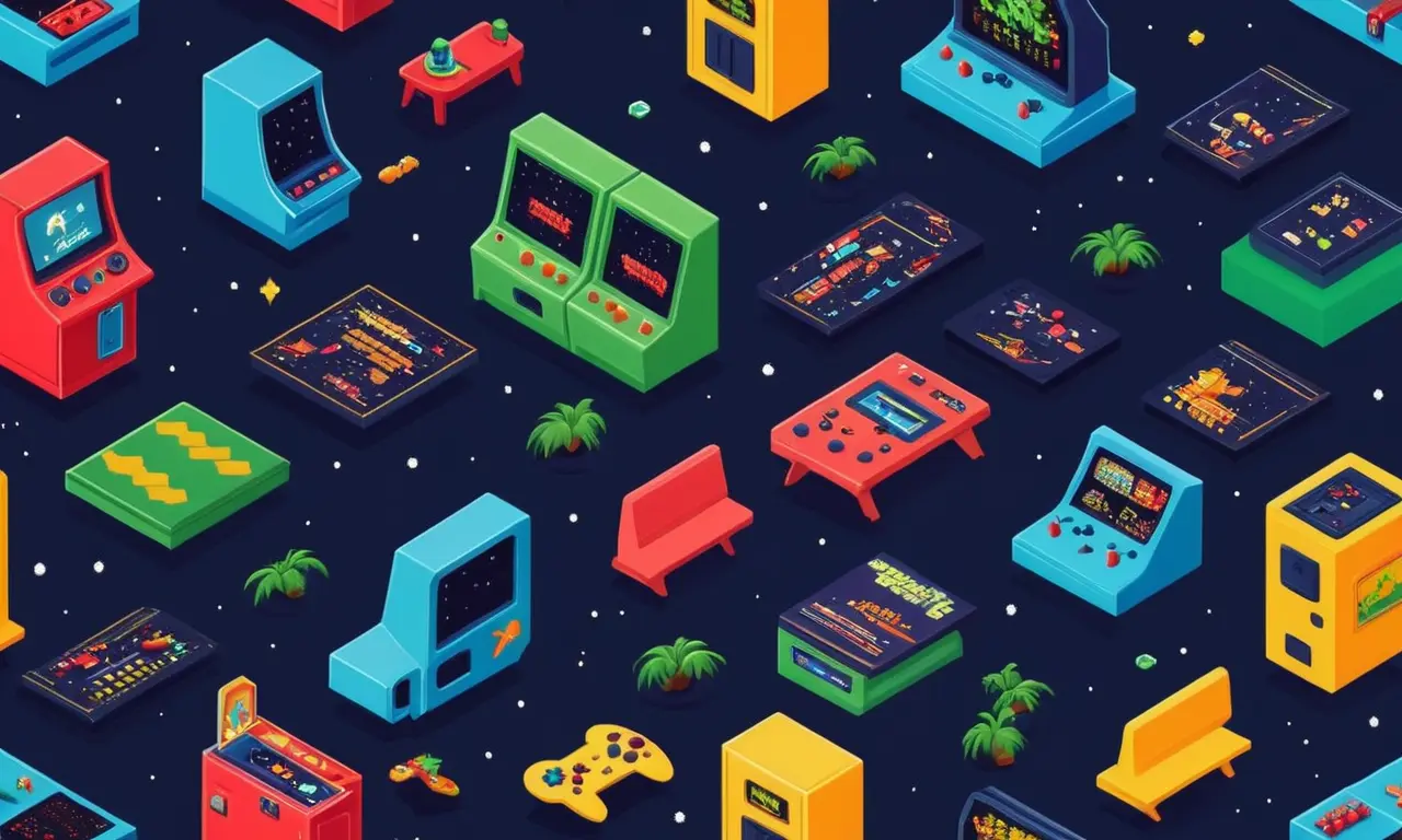 Una ilustración retro-estilo del primer gabinete de arcade Space Invaders junto con consolas de juego históricas y pioneros.